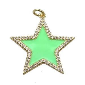 copper Star pendant paved zircon with green enamel, gold plated, approx 25mm