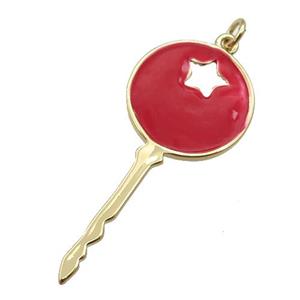 copper Key pendant with red enamel, gold plated, approx 18-40mm