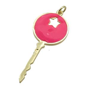 copper Key pendant with hotpink enamel, gold plated, approx 18-40mm