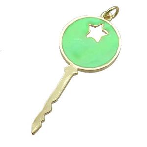 copper Key pendant with green enamel, gold plated, approx 18-40mm