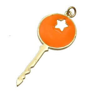 copper Key pendant with orange enamel, gold plated, approx 18-40mm