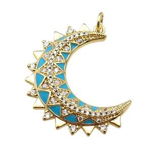 copper Moon pendant paved zircon with teal enamel, gold plated, approx 25-30mm