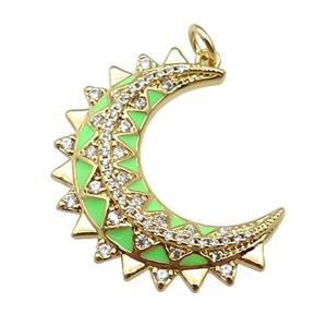 copper Moon pendant paved zircon with green enamel, gold plated, approx 25-30mm