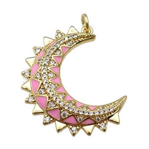 copper Moon pendant paved zircon with pink enamel, gold plated, approx 25-30mm