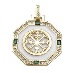 copper Octagon pendant paved zircon with white enamel, astrology, gold plated, approx 25mm