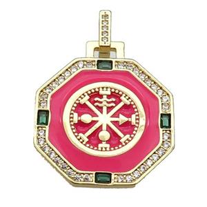 copper Octagon pendant paved zircon with red enamel, astrology, gold plated, approx 25mm