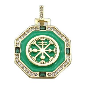 copper Octagon pendant paved zircon with green enamel, astrology, gold plated, approx 25mm
