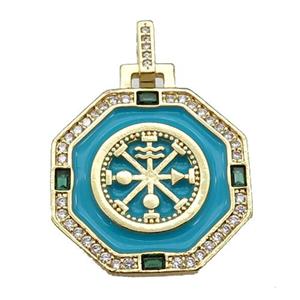 copper Octagon pendant paved zircon with teal enamel, astrology, gold plated, approx 25mm