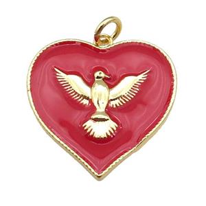 copper Heart pendant with red enamel, hawk, gold plated, approx 20-22mm