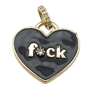 copper heart pendant paved zircon with black enamel, gold plated, approx 25mm