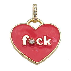 copper heart pendant paved zircon with red enamel, gold plated, approx 25mm