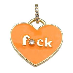 copper heart pendant paved zircon with orange enamel, gold plated, approx 25mm
