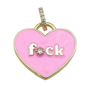 copper heart pendant paved zircon with pink enamel, gold plated, approx 25mm
