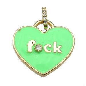 copper heart pendant paved zircon with green enamel, gold plated, approx 25mm