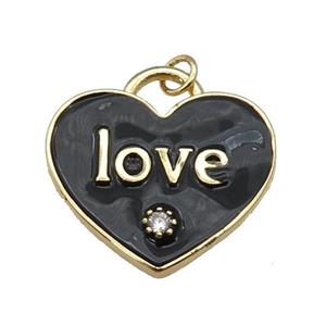 copper Heart pendant paved zircon with black enamel, LOVE, gold plated, approx 25mm