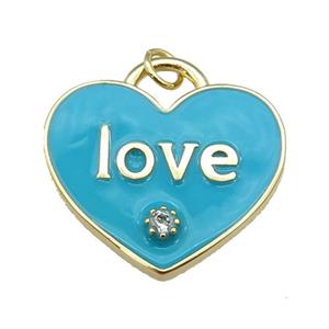 copper Heart pendant paved zircon with teal enamel, LOVE, gold plated, approx 25mm