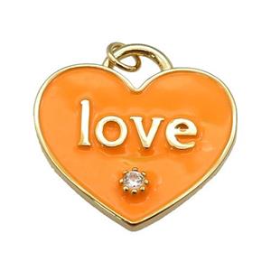 copper Heart pendant paved zircon with orange enamel, LOVE, gold plated, approx 25mm