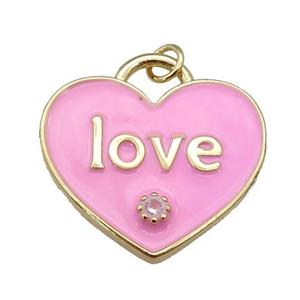 copper Heart pendant paved zircon with pink enamel, LOVE, gold plated, approx 25mm