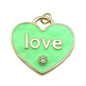 copper Heart pendant paved zircon with green enamel, LOVE, gold plated, approx 25mm