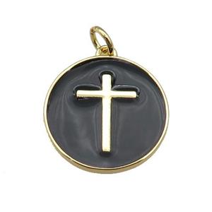 copper Circle pendant with black enamel, cross, gold plated, approx 18mm