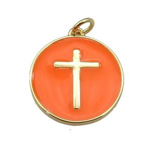copper Circle pendant with orange enamel, cross, gold plated, approx 18mm