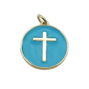 copper Circle pendant with teal enamel, cross, gold plated, approx 18mm