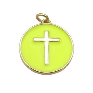 copper Circle pendant with yellow enamel, cross, gold plated, approx 18mm