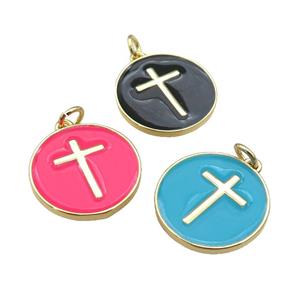 copper Circle pendant with enamel, cross, gold plated, mixed, approx 18mm