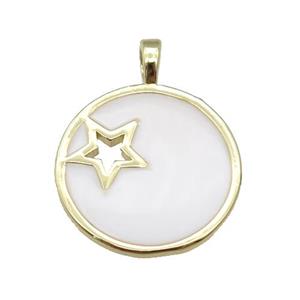 copper Circle pendant with white enamel, star, gold plated, approx 18mm