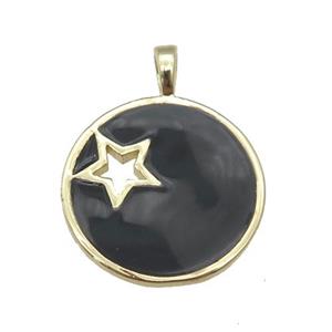 copper Circle pendant with black enamel, star, gold plated, approx 18mm