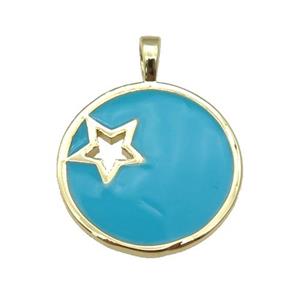 copper Circle pendant with teal enamel, star, gold plated, approx 18mm