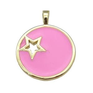 copper Circle pendant with pink enamel, star, gold plated, approx 18mm