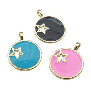 copper Circle pendant with enamel, star, gold plated, mixed, approx 18mm