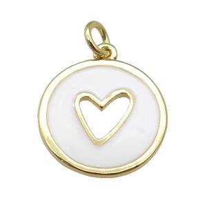copper Circle pendant with white enamel, heart, gold plated, approx 16mm