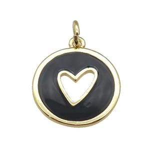 copper Circle pendant with black enamel, heart, gold plated, approx 16mm