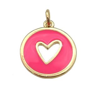copper Circle pendant with hotpink enamel, heart, gold plated, approx 16mm