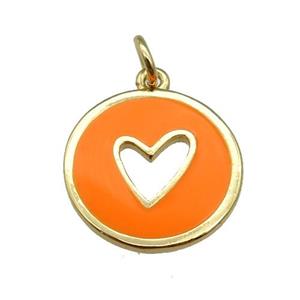 copper Circle pendant with orange enamel, heart, gold plated, approx 16mm