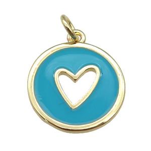 copper Circle pendant with teal enamel, heart, gold plated, approx 16mm