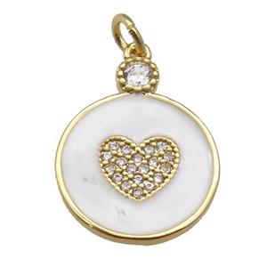 copper Circle pendant paved zircon with white enamel, heart, gold plated, approx 16mm