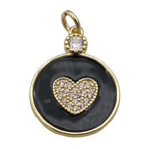 copper Circle pendant paved zircon with black enamel, heart, gold plated, approx 16mm