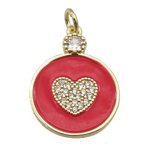 copper Circle pendant paved zircon with red enamel, heart, gold plated, approx 16mm