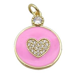copper Circle pendant paved zircon with pink enamel, heart, gold plated, approx 16mm