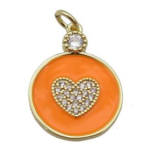 copper Circle pendant paved zircon with orange enamel, heart, gold plated, approx 16mm