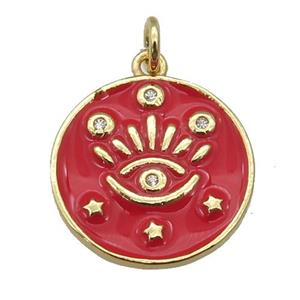 copper Circle pendant with red enamel, eye, gold plated, approx 17mm