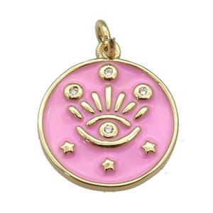 copper Circle pendant with pink enamel, eye, gold plated, approx 17mm