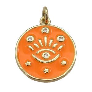 copper Circle pendant with orange enamel, eye, gold plated, approx 17mm