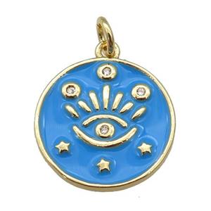 copper Circle pendant with blue enamel, eye, gold plated, approx 17mm