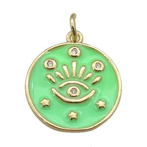 copper Circle pendant with green enamel, eye, gold plated, approx 17mm