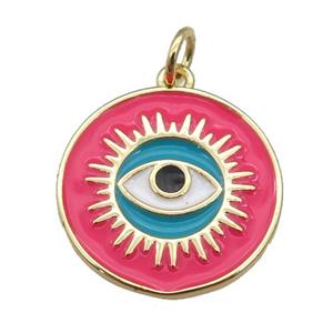 copper Circle pendant with hotpink enamel, evil eye, gold plated, approx 18mm