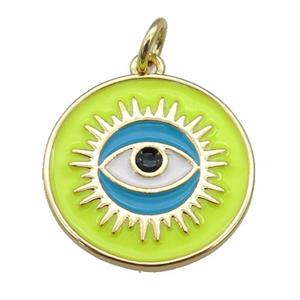 copper Circle pendant with yellow enamel, evil eye, gold plated, approx 18mm